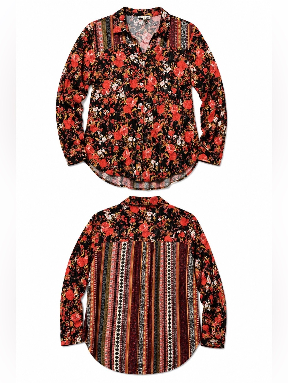 Hope Springs Floral Patchwork Boho Button Down Shirt Black Red XL